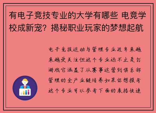 有电子竞技专业的大学有哪些 电竞学校成新宠？揭秘职业玩家的梦想起航地